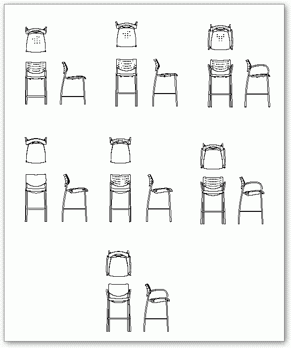 בלוקים לשרטוט של כיסאות בר בשלושה מבטים