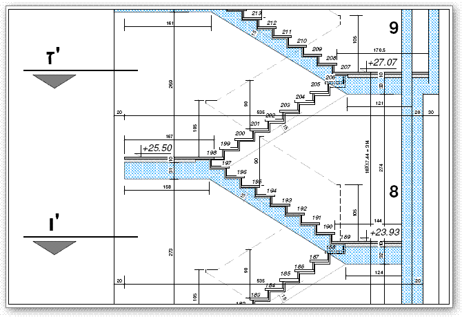 חתך אורך בצדרגות בנין מגורים