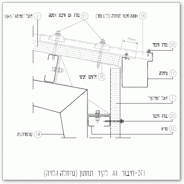 פרט חיבור גג קל לקיר פנל מבודד עם מזחלה חיצונית