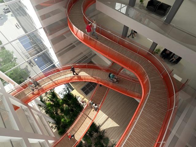 גשרים אדומים מרחפים באטריום מקשר לאיכילוב הישן